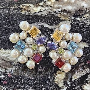 Rare Vintage Ross Simons Pearl & Gemstones Pierced Earrings